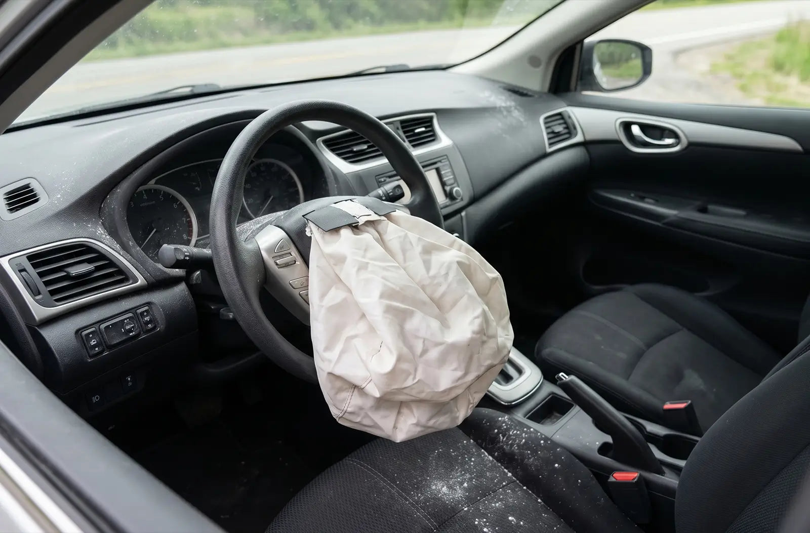 Captures the interior of a vehicle post-collision, showing a fully deployed white driver's side airbag with powdery residue on the steering wheel and dashboard.