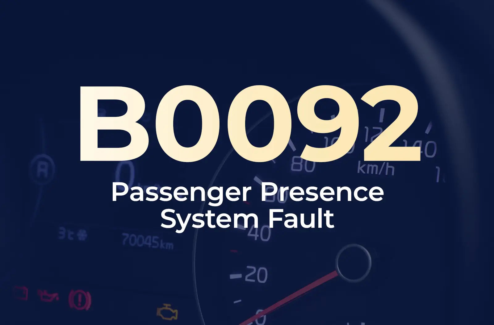 a large text overlay displaying the diagnostic trouble code "B0092" in light yellow, with the description "Passenger Presence System Fault" underneath in white, set against a dark blue, blurred background of a car's instrument cluster panel.