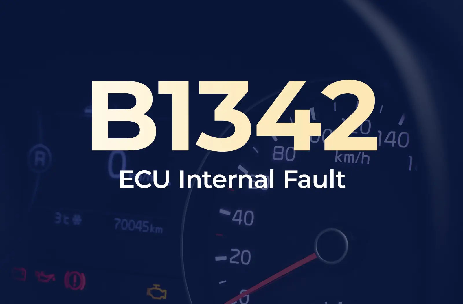a large text overlay displaying the diagnostic trouble code "B1342" in light yellow, with the description "ECU Internal Fault" underneath in white, set against a dark blue, blurred background of a car's instrument cluster panel.