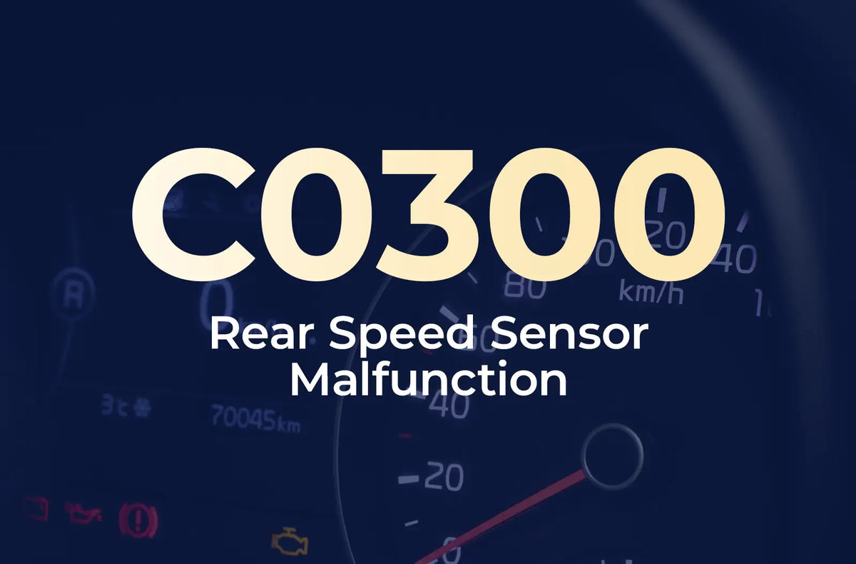 displaying the diagnostic code "C0300" and the description "Rear Speed Sensor Malfunction" against the blurred dashboard.