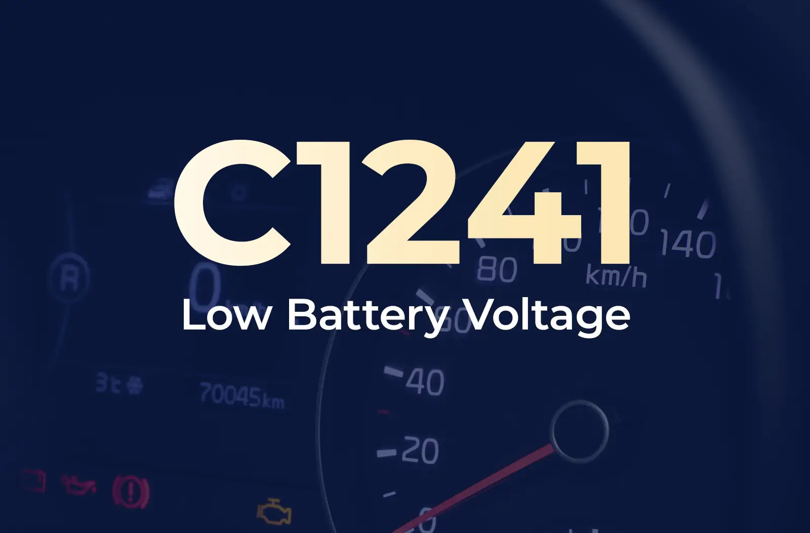 displaying the diagnostic code "C1241" and the description "Low Battery Voltage" against the blurred dark blue vehicle instrument panel.