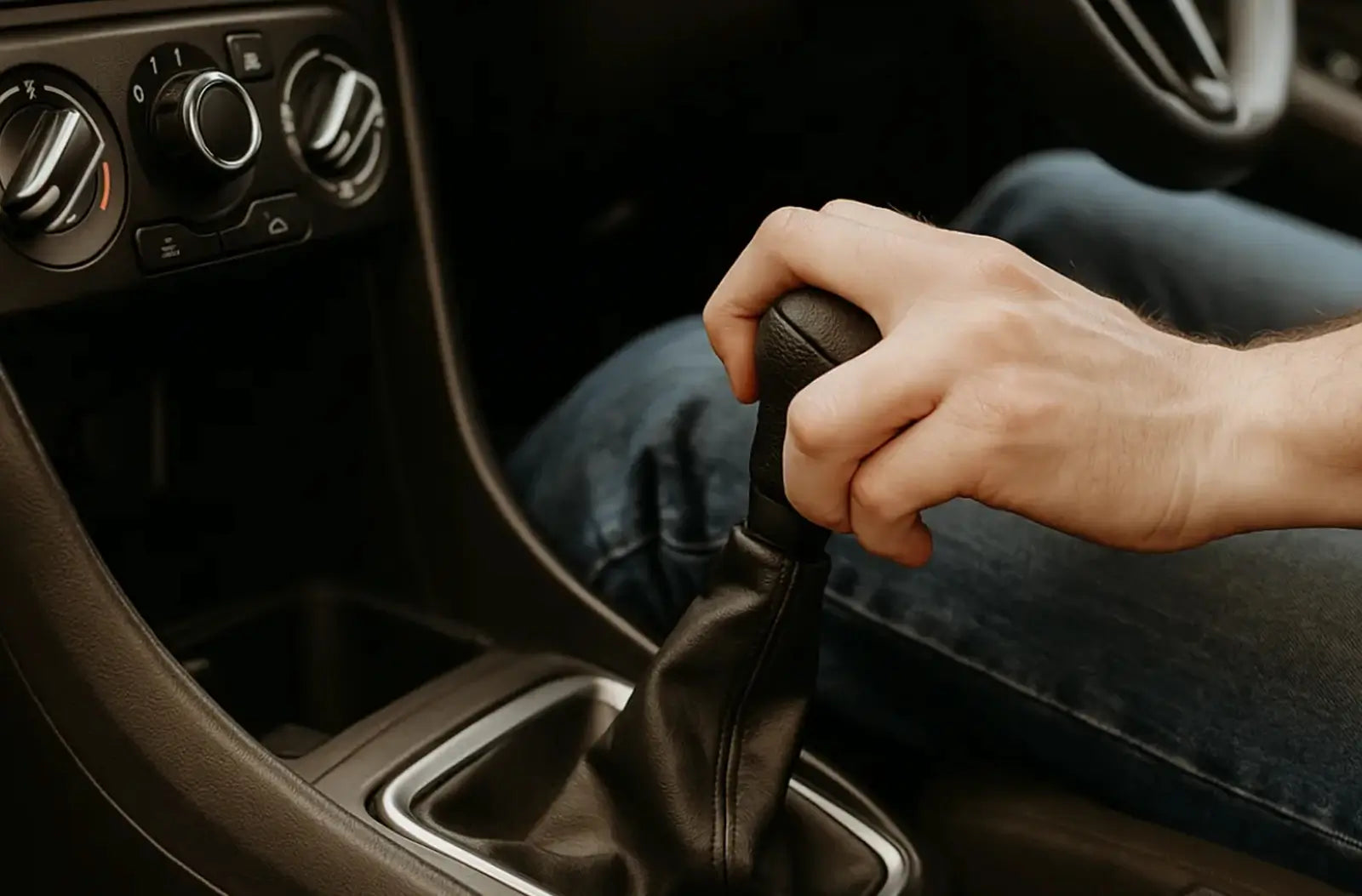 A close-up view from above showing a driver's hand shifting a center console automatic transmission selector into gear.