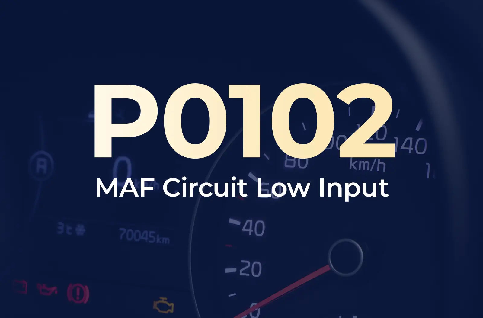 displaying the diagnostic code "P0102" and the description "MAF Circuit Low Input" against the blurred dashboard background.