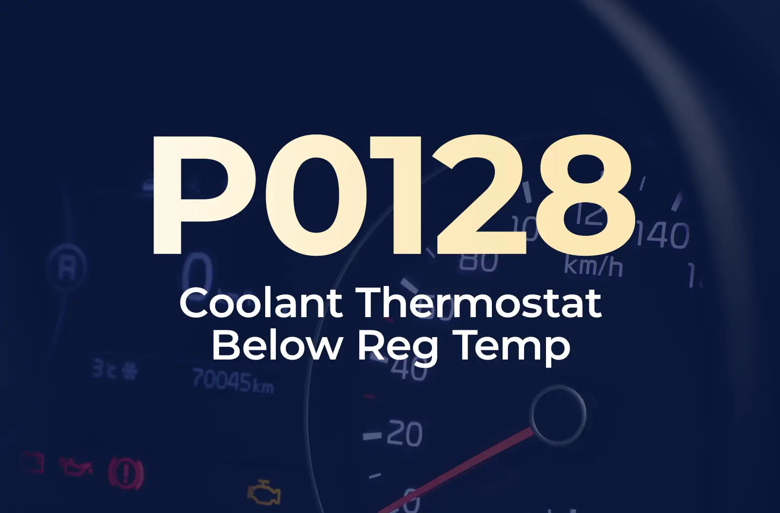 displaying the diagnostic code "P0128" and the description "Coolant Thermostat Below Reg Temp" against the blurred dashboard background.