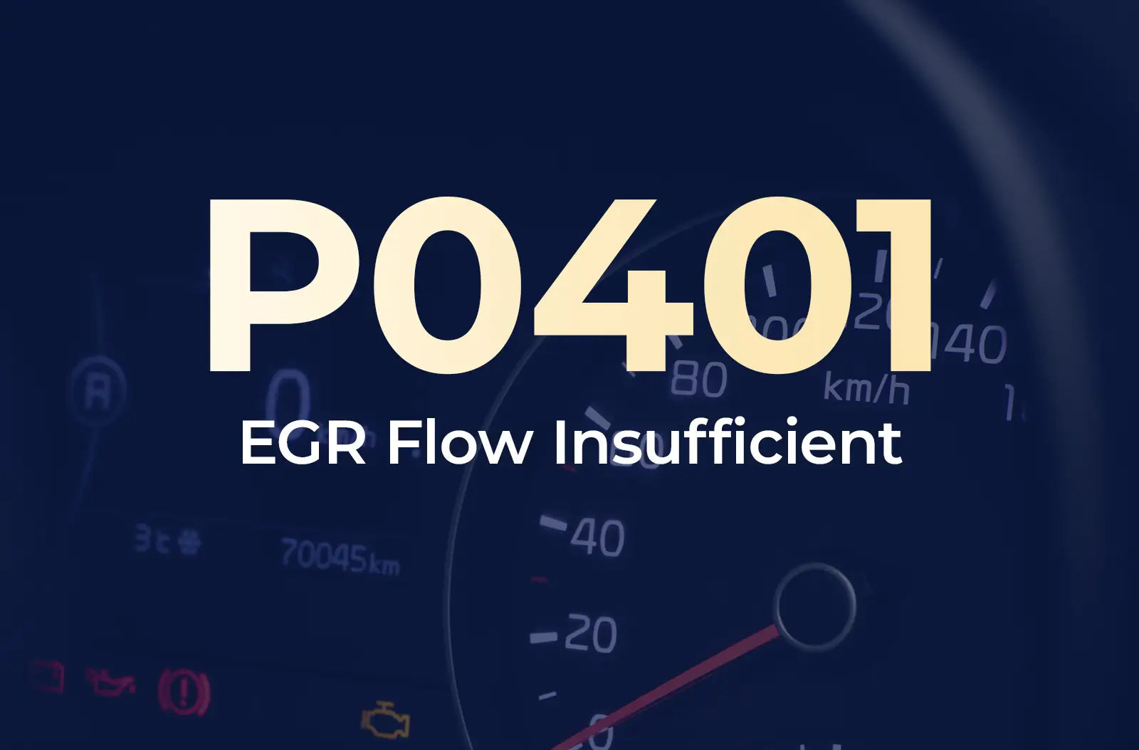 a large text overlay displaying the diagnostic code "P0401" and the description "EGR Flow Insufficient" against the blurred dashboard background.