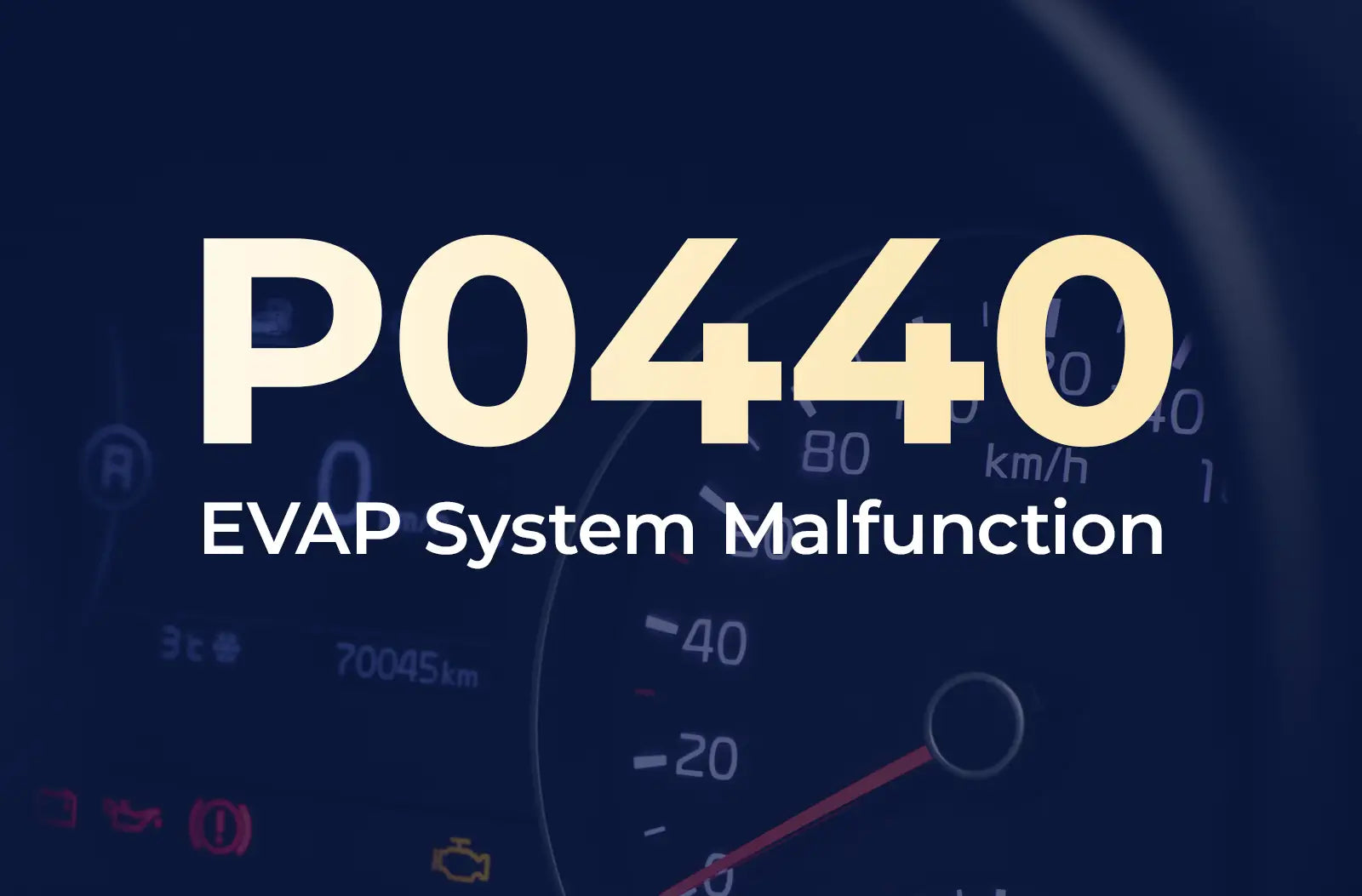 a large text overlay displaying the diagnostic code "P0440" and the description "EVAP System Malfunction" against a blurred dark blue vehicle instrument panel.