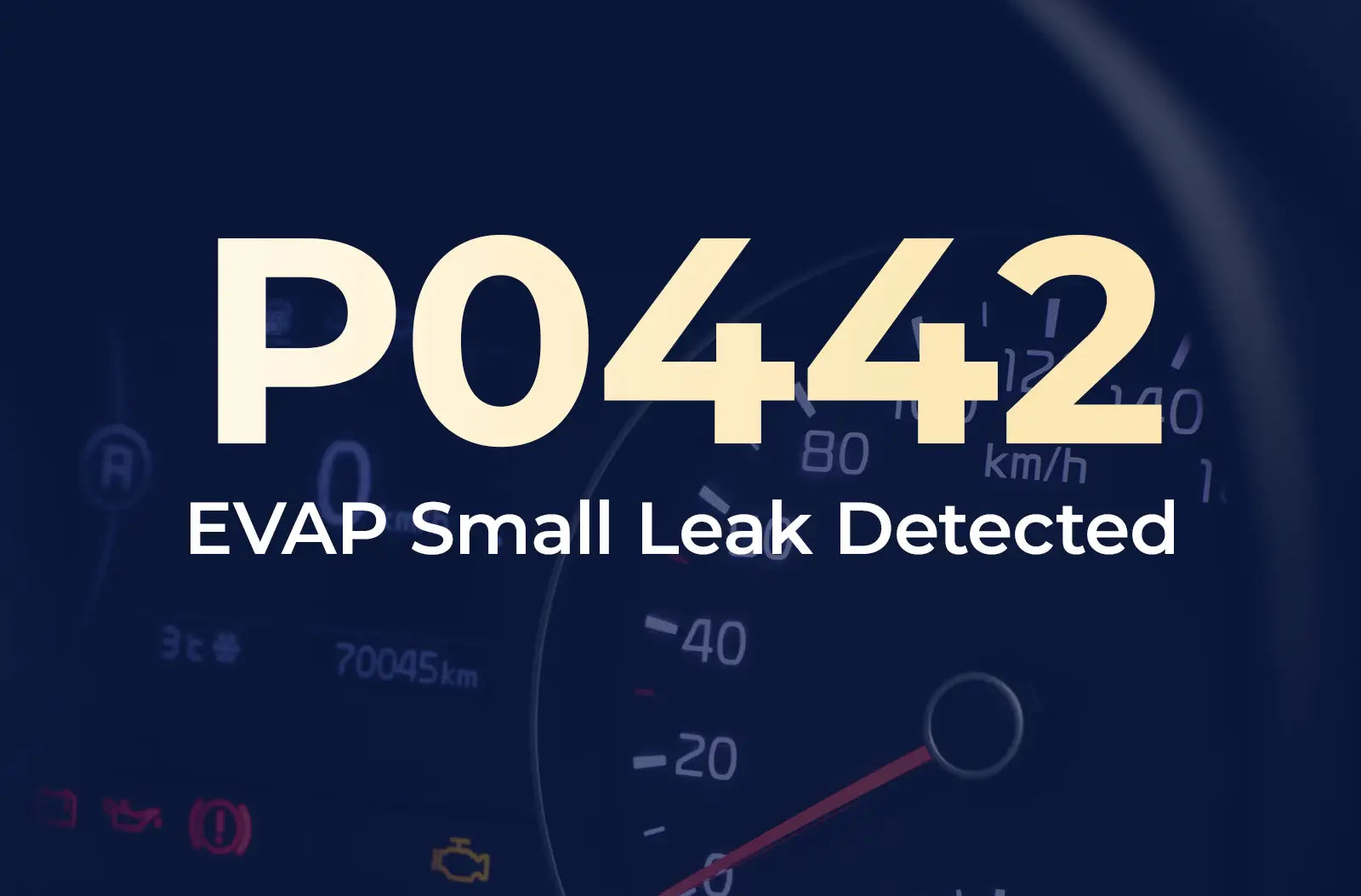 a large text overlay displaying the diagnostic code "P0442" and the description "EVAP Small Leak Detected" against the blurred dashboard background.