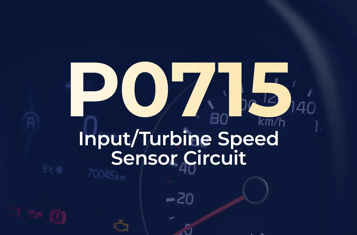 a large text overlay displaying the diagnostic code "P0715" and the description "Input/Turbine Speed Sensor Circuit" against the blurred dashboard background.