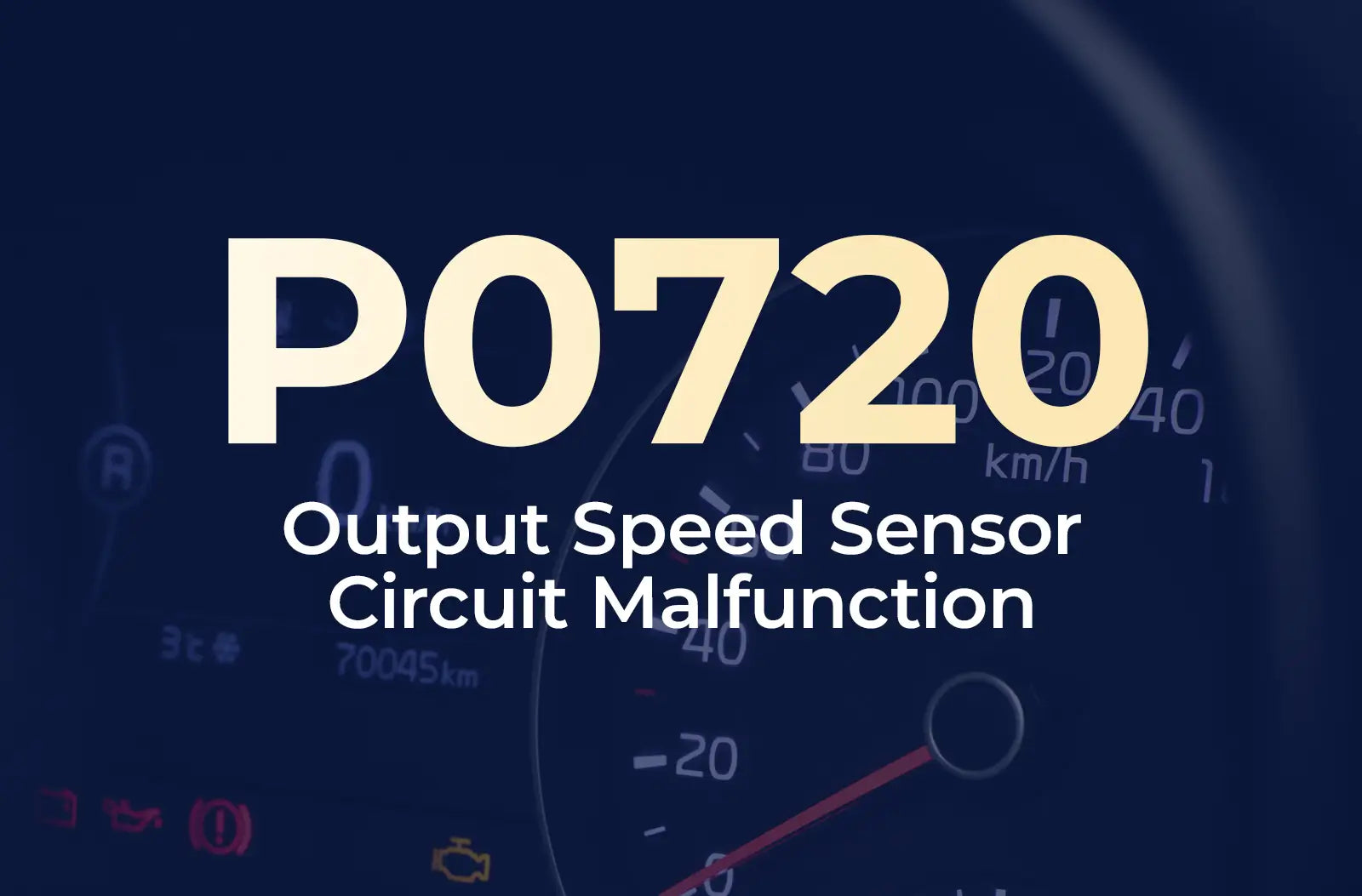a large text overlay displaying the diagnostic code "P0720" and the description "Output Speed Sensor Circuit Malfunction" against the blurred dashboard background.