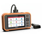 a LAUNCH Creader Professional 129 Expert diagnostic tablet with a rugged orange and black casing and a color touchscreen. It includes a thick black cable connected to a standard 16-pin OBD II connector for vehicle communication.