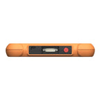 the top edge of a rugged orange device, featuring a USB-C port, a multi-pin serial connector, and a red circular power button. The textured casing includes recessed areas to protect these connection ports from damage.