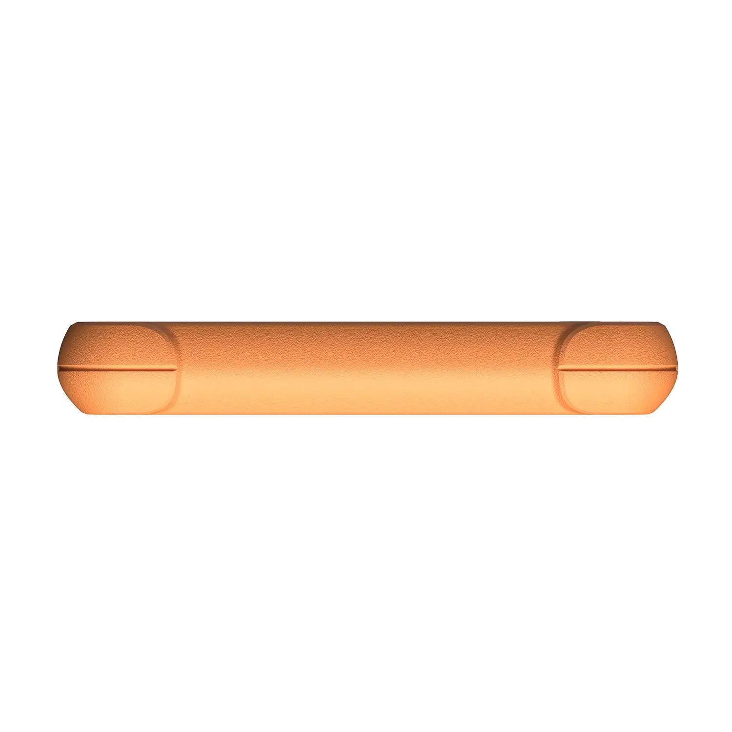 the bottom edge of a rugged orange device, featuring a solid, textured casing with a protective design. The surface is uniform and rounded at the corners, with no visible ports or buttons from this angle.