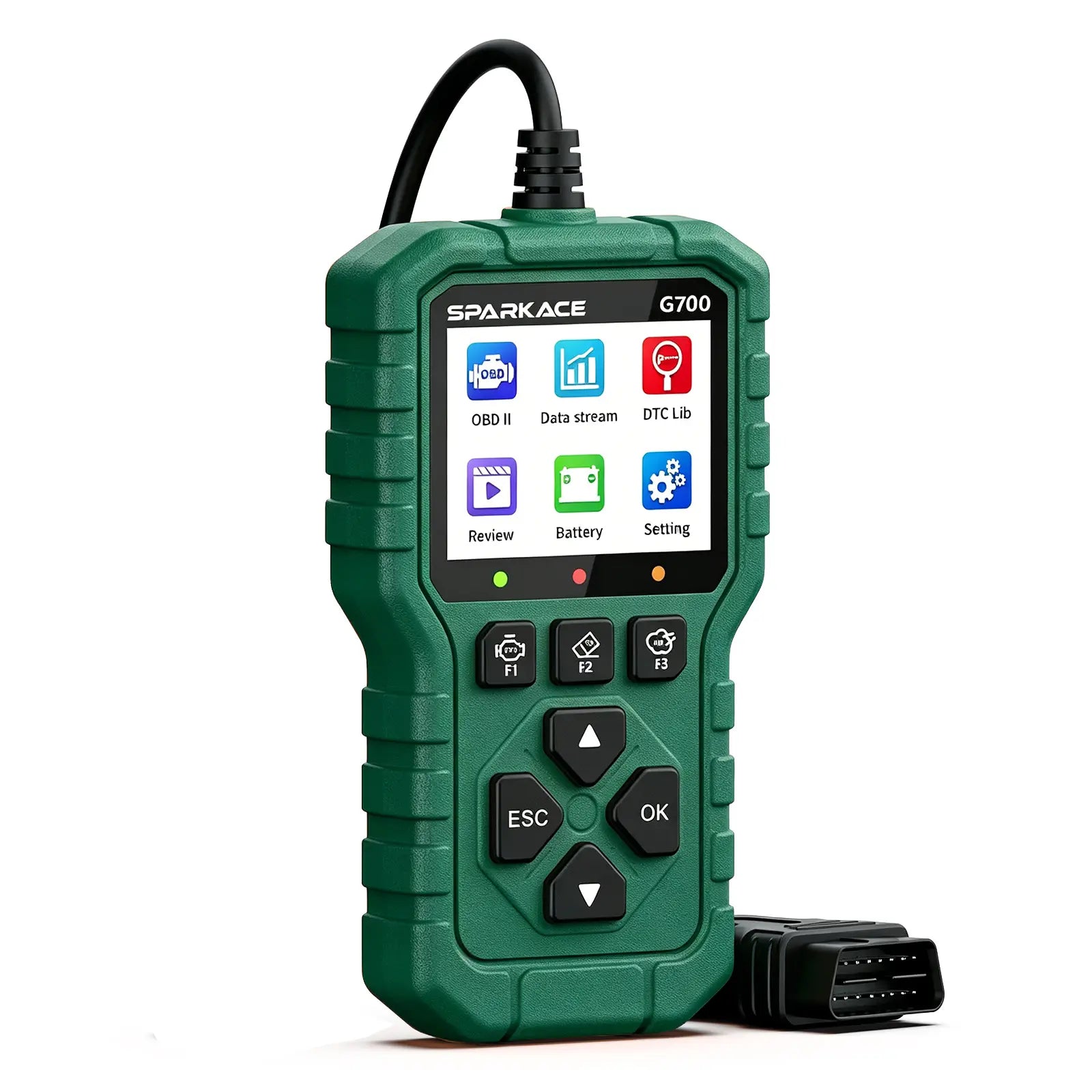 A Sparkace G700 handheld automotive diagnostic scanner designed with a rugged green casing and a color display for reading vehicle fault codes and real-time data.