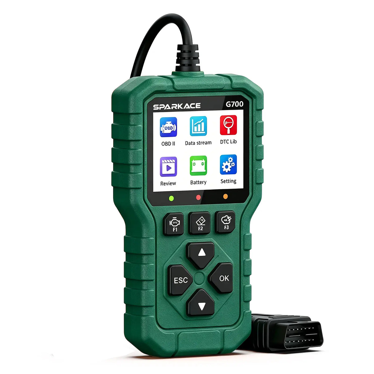 A Sparkace G700 handheld automotive diagnostic scanner designed with a rugged green casing and a color display for reading vehicle fault codes and real-time data.