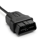 This image shows a close-up of a standard 16-pin OBD II connector with a label indicating it is for "DC 9-16V passenger cars only." The connector is attached to a durable black cable designed to plug directly into a vehicle's diagnostic port.
