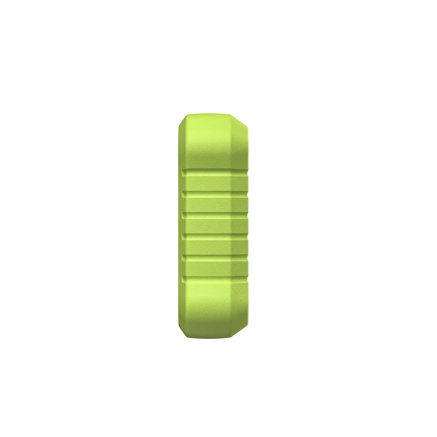 This image shows the side profile of a lime green device casing with a rugged, textured surface for a non-slip grip. The compact and durable design features a series of protective ridges along the side.