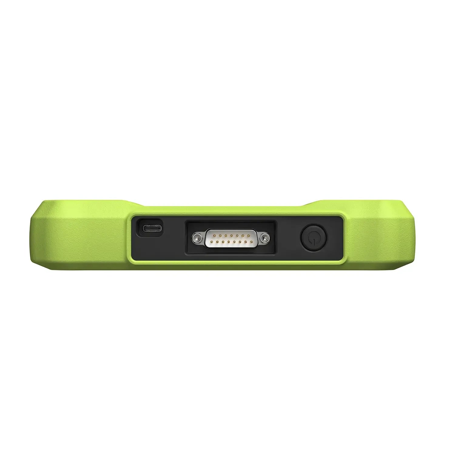 The top edge of a lime green device featuring a USB-C port, a multi-pin serial connector, and a circular power button. The rugged casing has a textured finish and recessed areas to protect the connection ports.