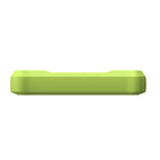 The bottom edge of a lime green device, featuring a solid, textured casing with a rugged and protective design. The surface is smooth without any visible ports or buttons from this perspective.