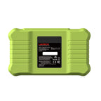 The rear view of a lime green LAUNCH Creader Elite X500 BM diagnostic tool, featuring a rugged, textured casing. It includes a central black label with product specifications, manufacturer details, and various regulatory certification logos.