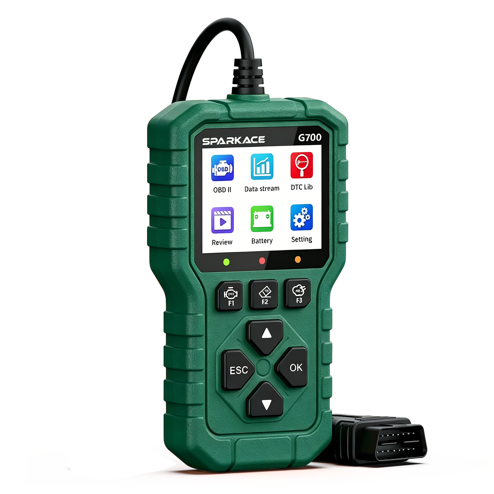 A Sparkace G700 handheld automotive diagnostic scanner designed with a rugged green casing and a color display for reading vehicle fault codes and real-time data.