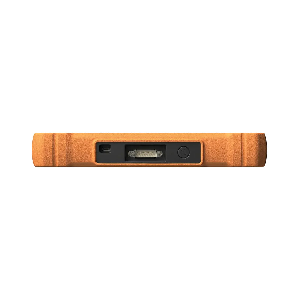 the top edge of a rugged orange diagnostic tool, featuring a USB-C port, a multi-pin serial connector, and a black circular power button. The ports are recessed within the textured casing to provide extra protection during use.