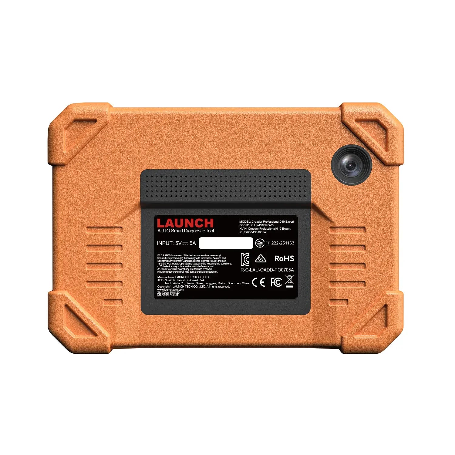 LAUNCH Creader Professional 919 Expert diagnostic tool, featuring a rugged orange protective casing and a built-in camera lens. It includes a central black label with product specifications and regulatory certification logos.